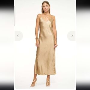 Pistola Mari V Neck Satin Tan Maxi Dress Sizw Medium